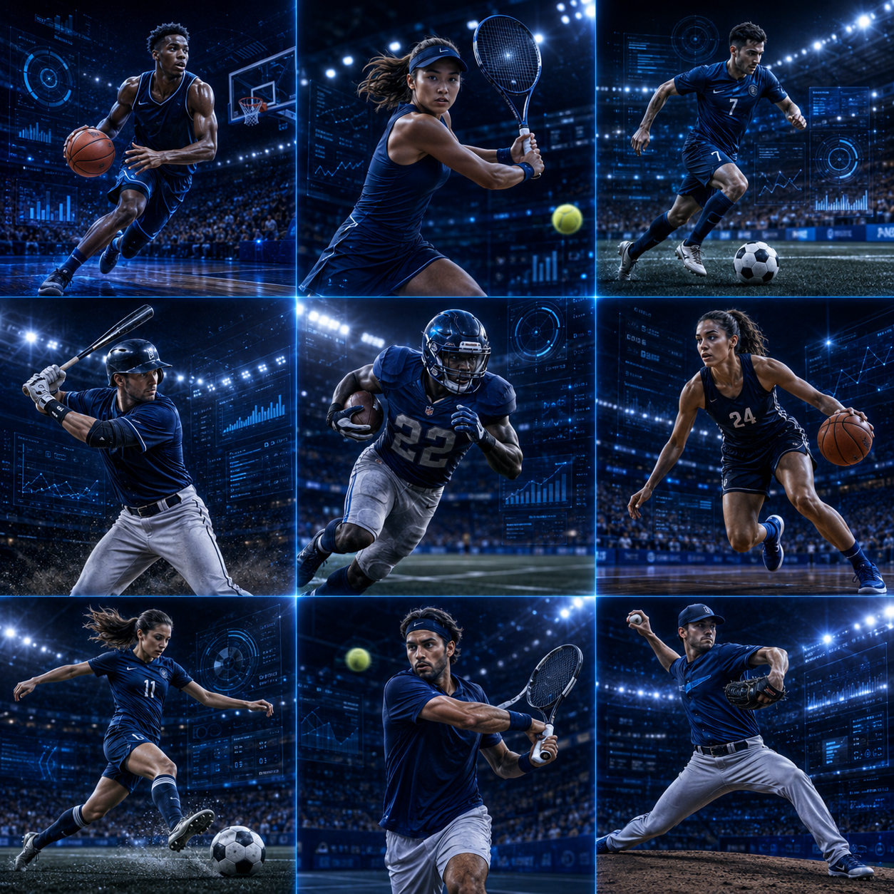 Collage of student-athletes training, competing, and engaging with brand analytics