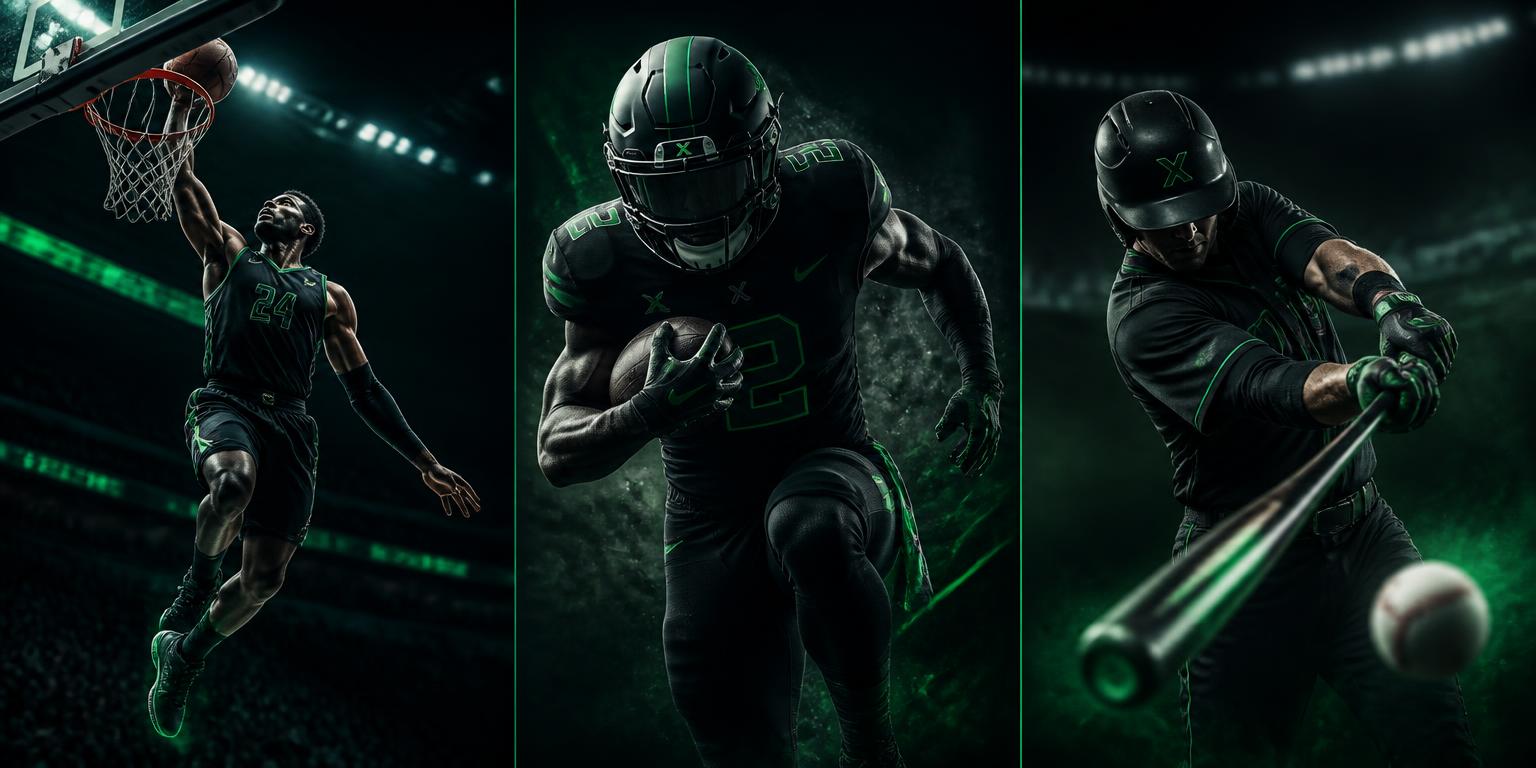 Collage of basketball, American football, and baseball athletes competing under dramatic arena lighting